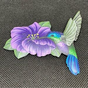 Beautiful Vintage Hand Painted Hummingbird Purple Flower Wood Pin Large